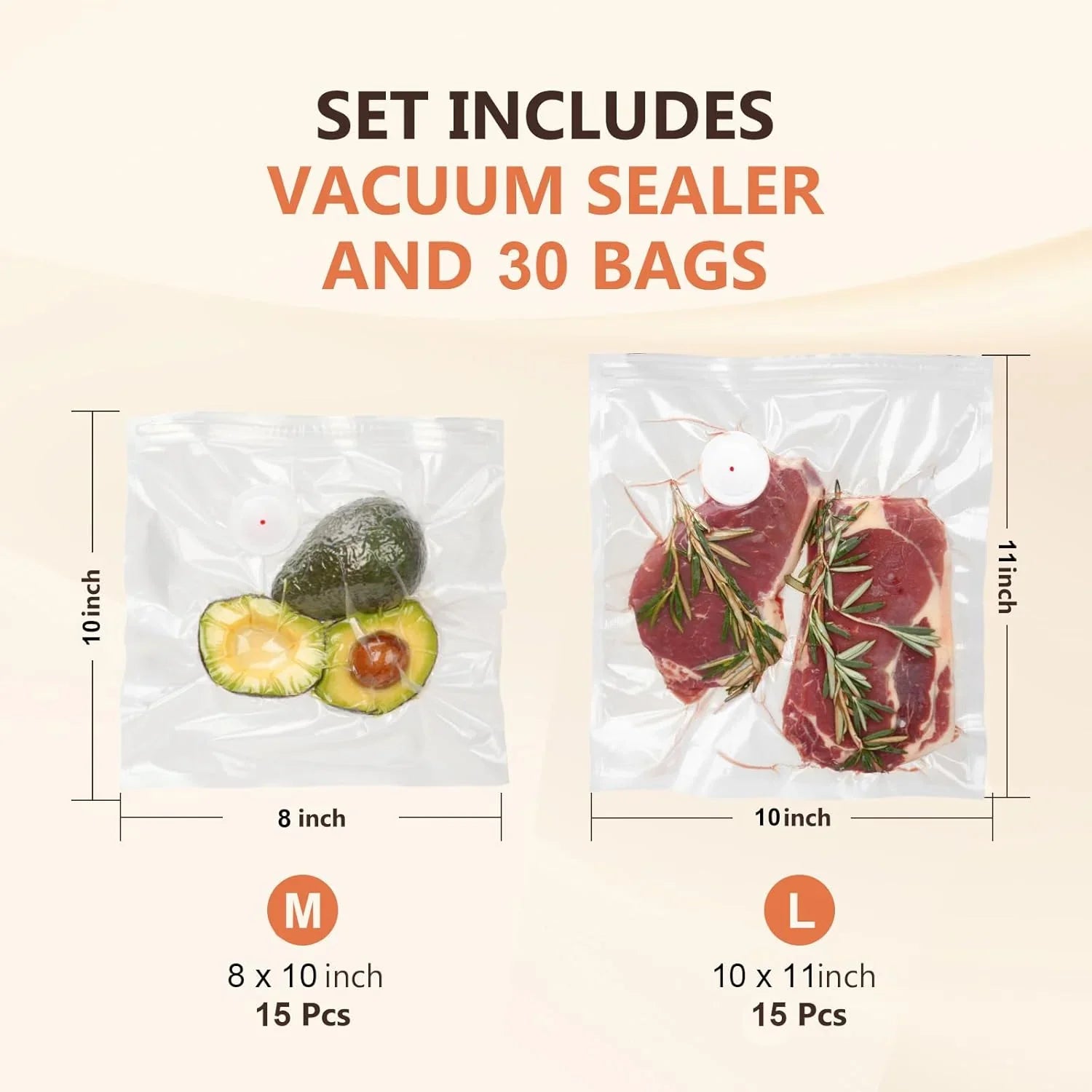 Vacuum sealer set with 30 vacuum bags, food storage, 8x10 and 10x11 inch sizes shown
