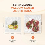 Vacuum sealer set with 30 vacuum bags, food storage, 8x10 and 10x11 inch sizes shown