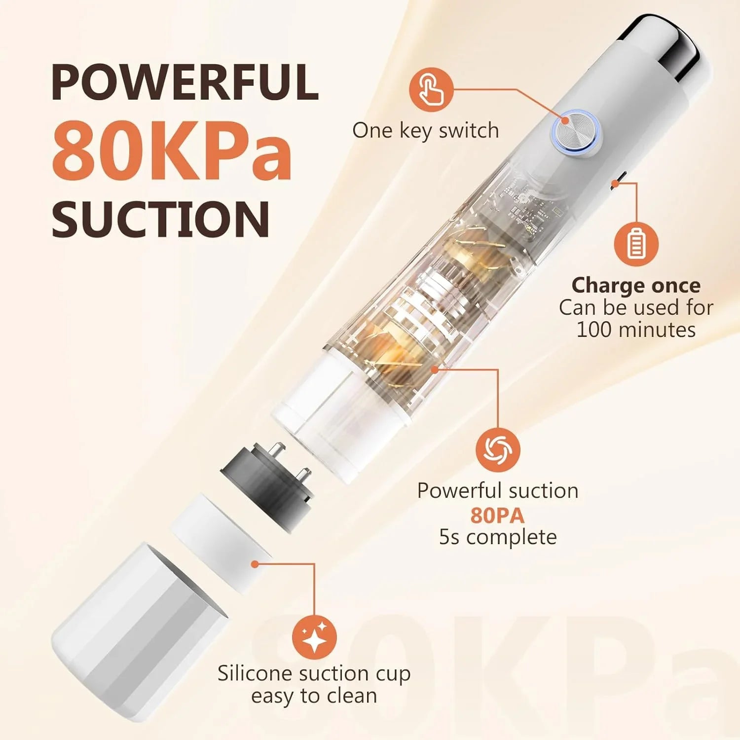 Handheld vacuum device with powerful 80KPa suction, silicone suction cup, and one key switch.