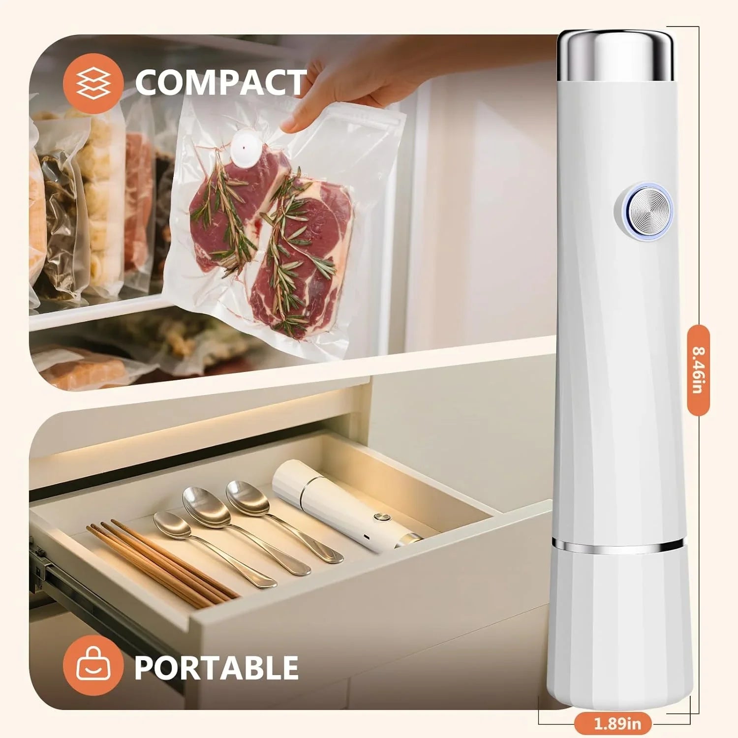 Compact portable vacuum sealer with button, shown sealing meat in freezer bag and stored in kitchen drawer