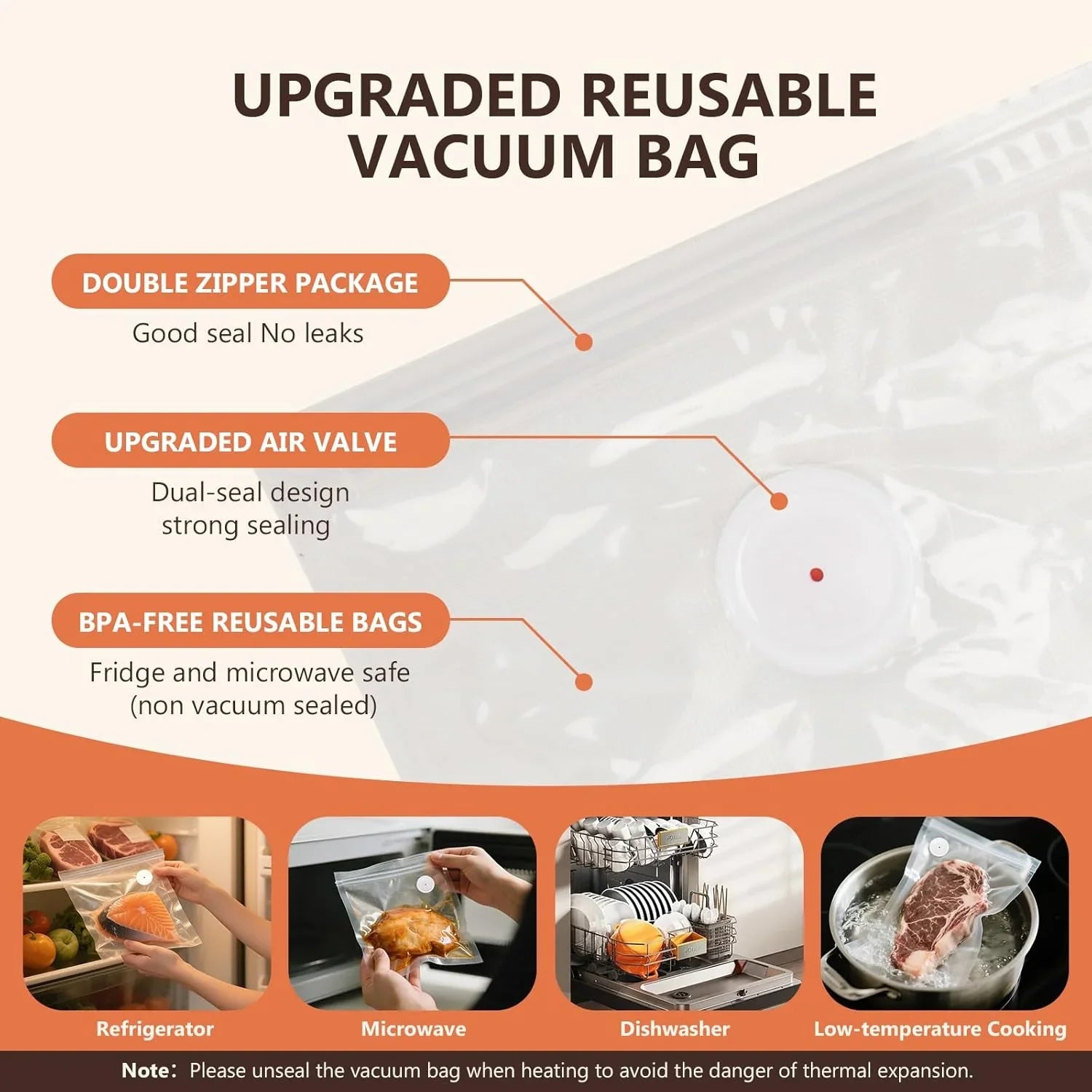 Upgraded reusable vacuum bag with double zipper, air valve, BPA-free, fridge and microwave safe