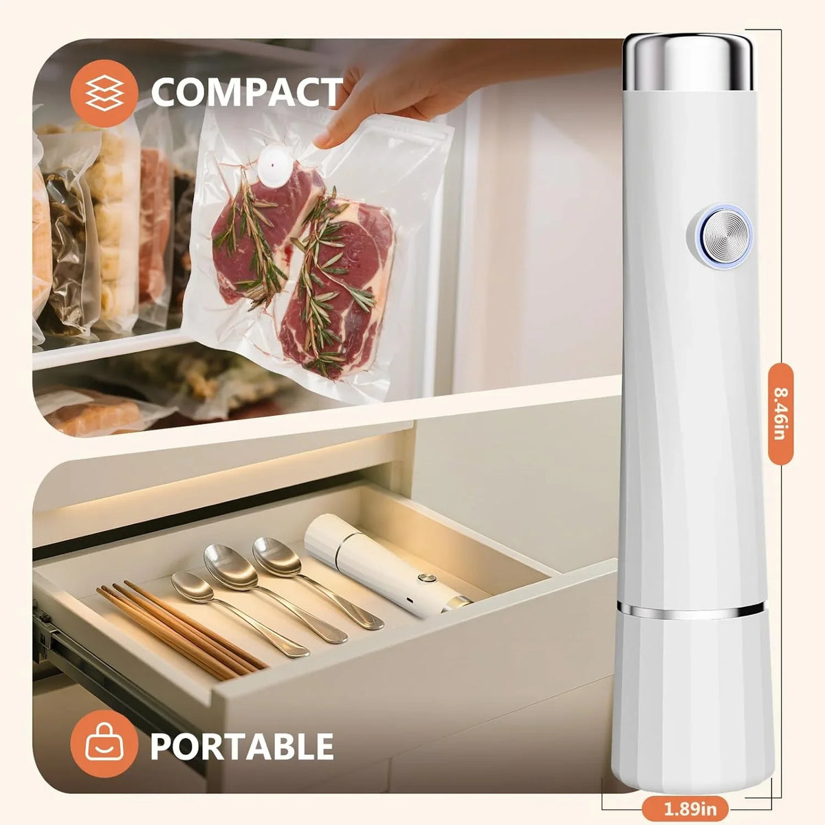 Compact portable vacuum sealer with button, shown sealing meat in freezer bag and stored in kitchen drawer
